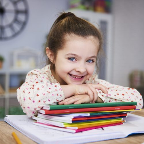 Smiling girl studying at home Smiling girl studying at home
